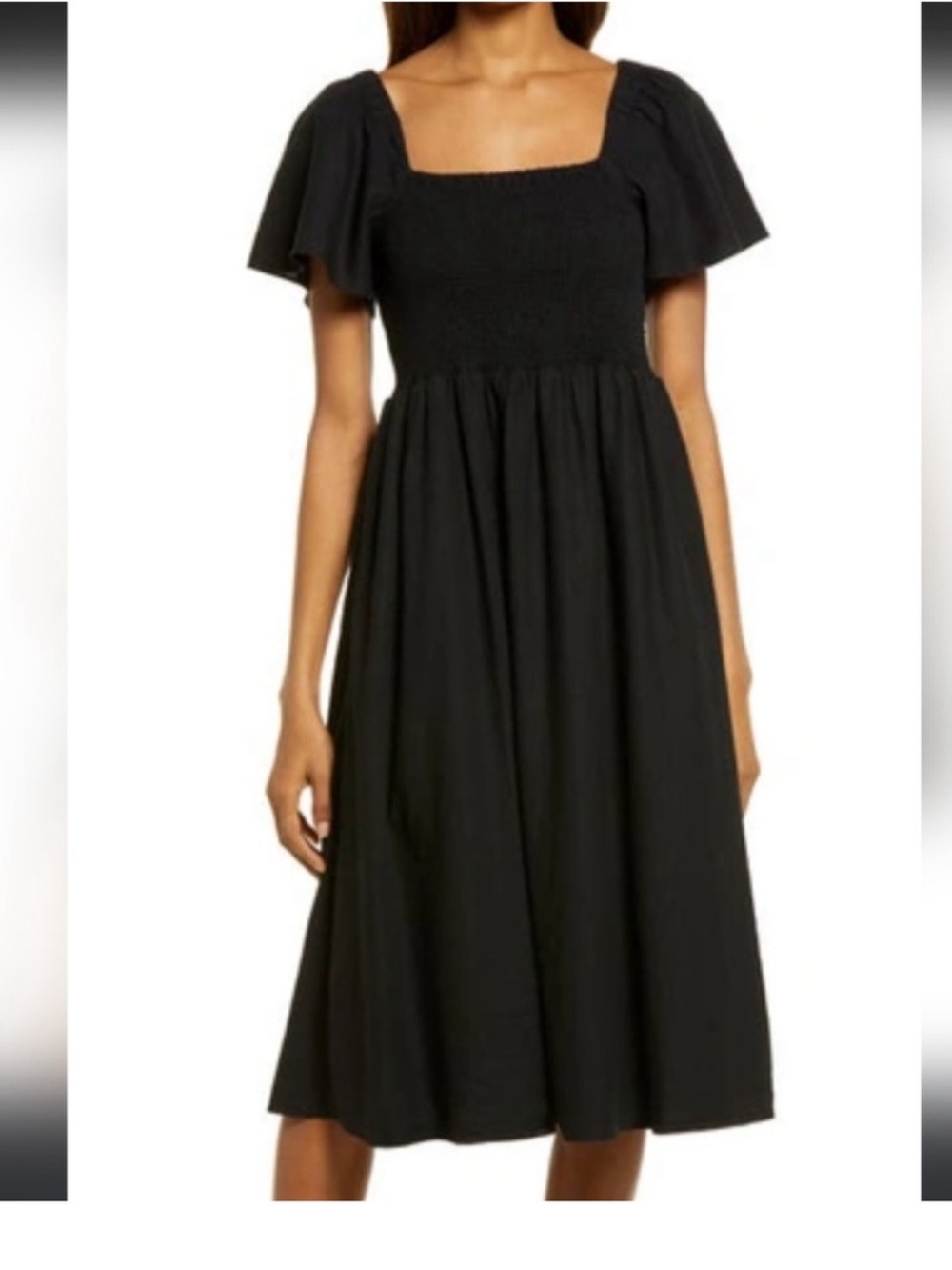 Madewell Lucie Black Square-Neck Smocked linen blend Midi Dress size XS